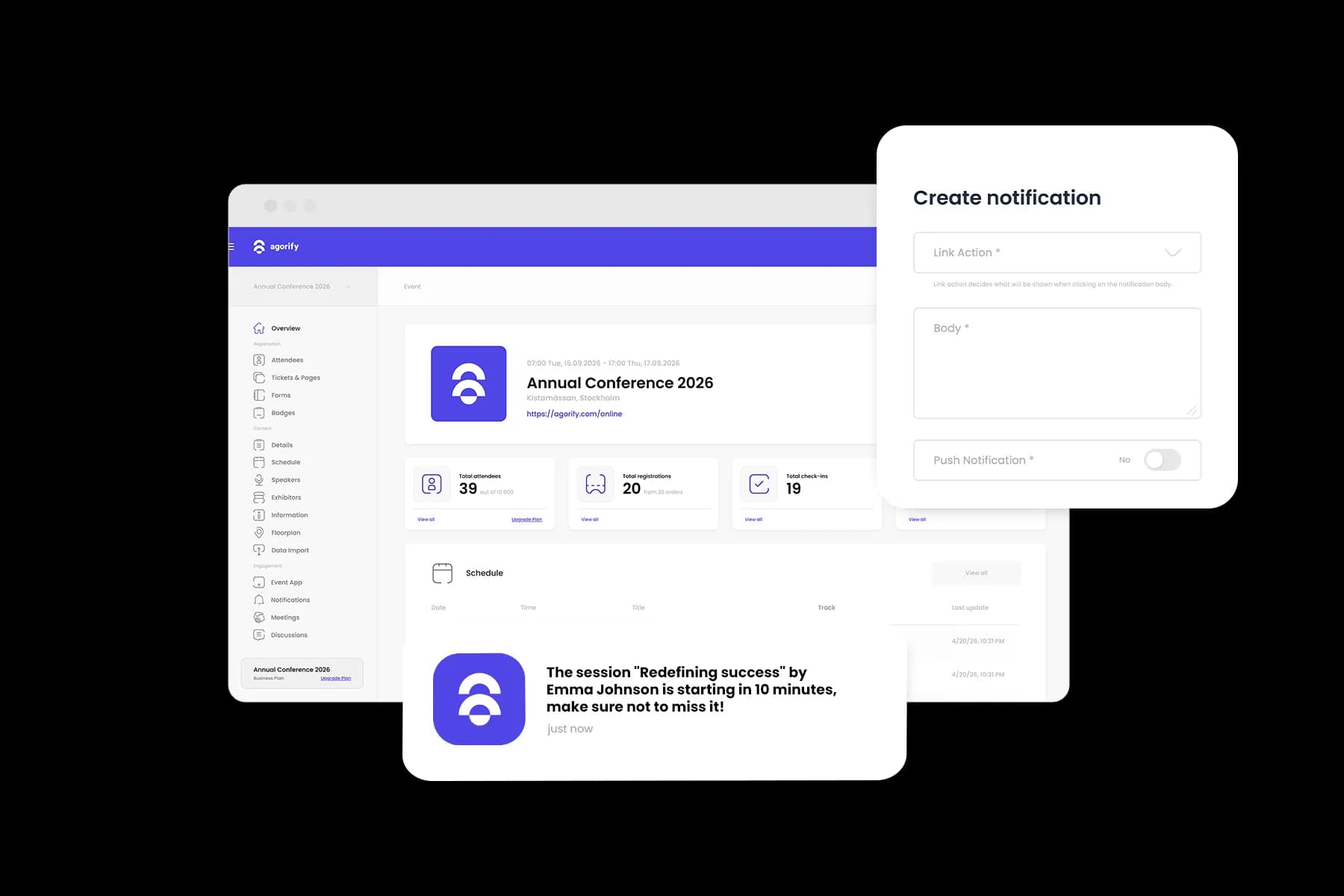 Agorify admin dashboard with the create-notification form and a session reminder