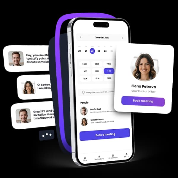 Agorify event meeting scheduler showing available time slots, attendee profiles and meeting invitations