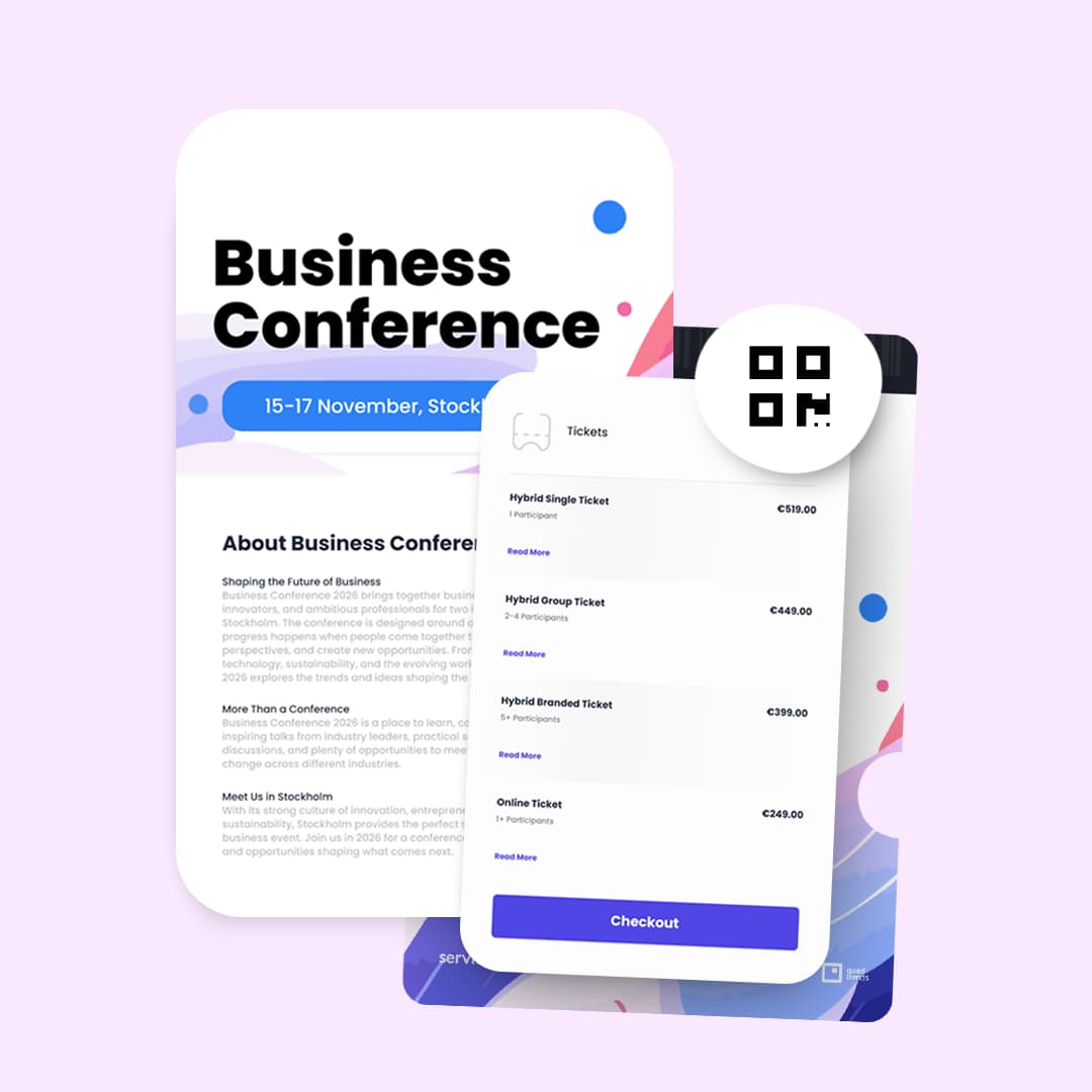 Agorify business conference registration page with ticket options and checkout