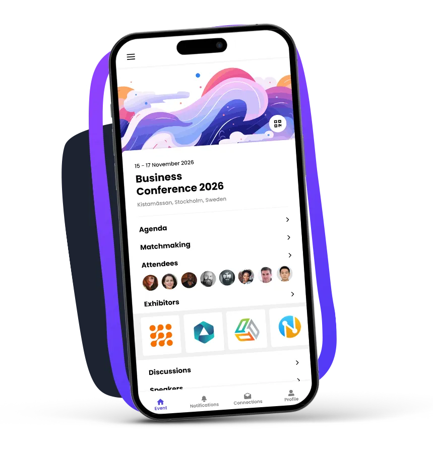 Agorify conference event app showing the agenda, attendees and exhibitors